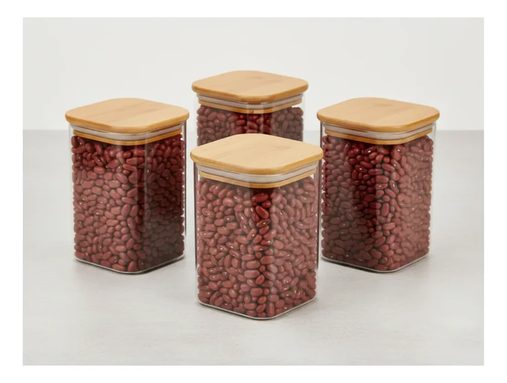 Pack 4 Frasco Vidrio 500ml Cuadrado Para Condimentos Especias Tapa De Bambu