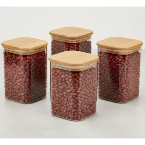 Pack 4 Frasco Vidrio 500ml Cuadrado Para Condimentos Especias Tapa De Bambu