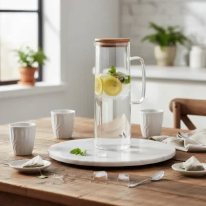 Jarra De Vidrio 1400 Ml Con Tapa Bambú Agua Te Caliente/frio