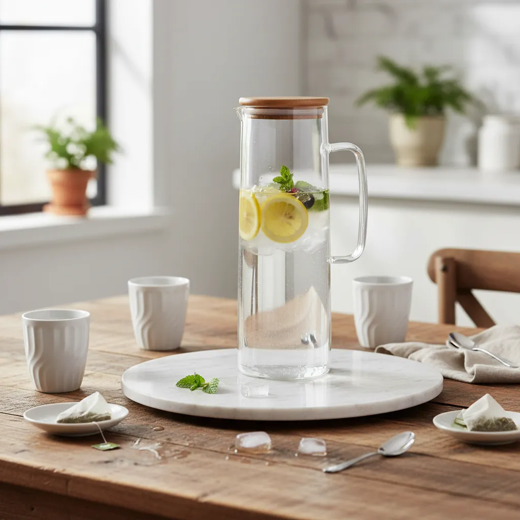 Jarra De Vidrio 1400 Ml Con Tapa Bambú Agua Te Caliente/frio